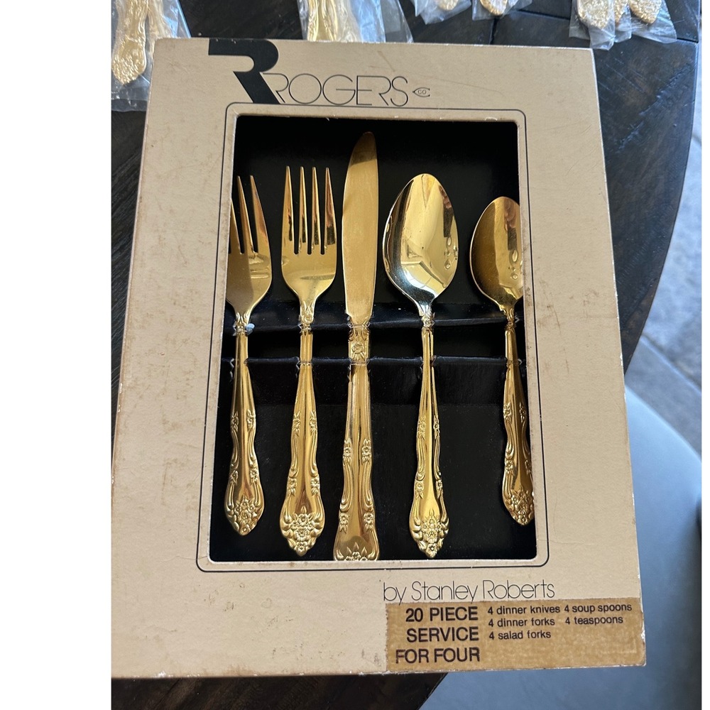 Rogers by Stanley Roberts Gold Tone Flatware Set 20 Piece Service for 4 NWOT